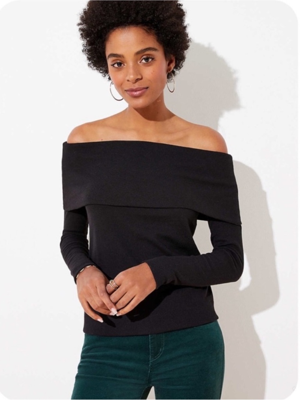 Loft Off-the-Shoulder Black Ribbed Long Sleeve Sweater Top Small NWT